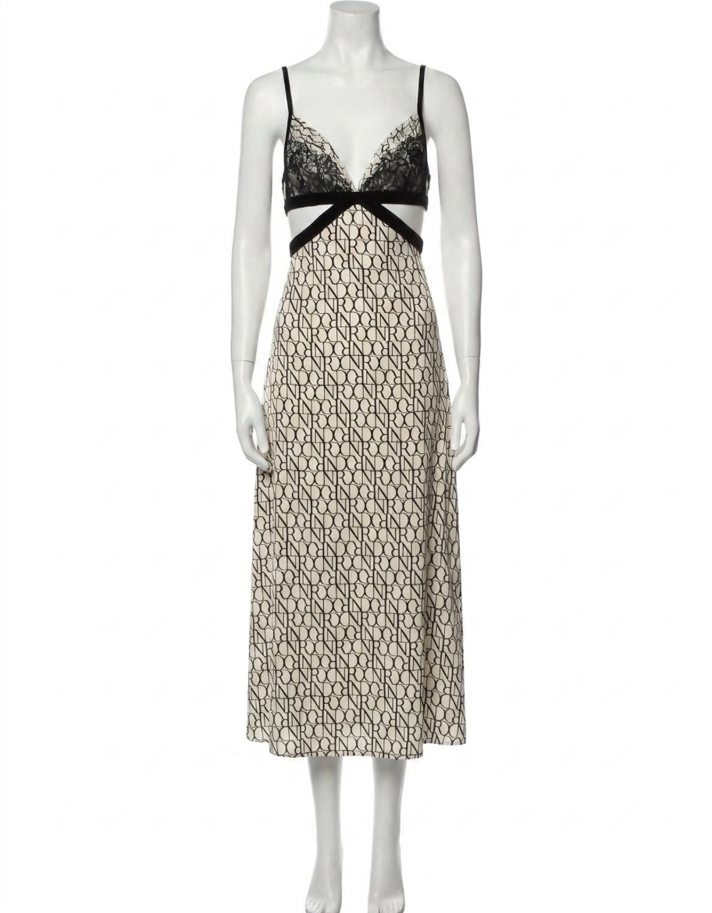 NEW NINA RICCI all-over logo print & lace insert midi dress with fine straps in